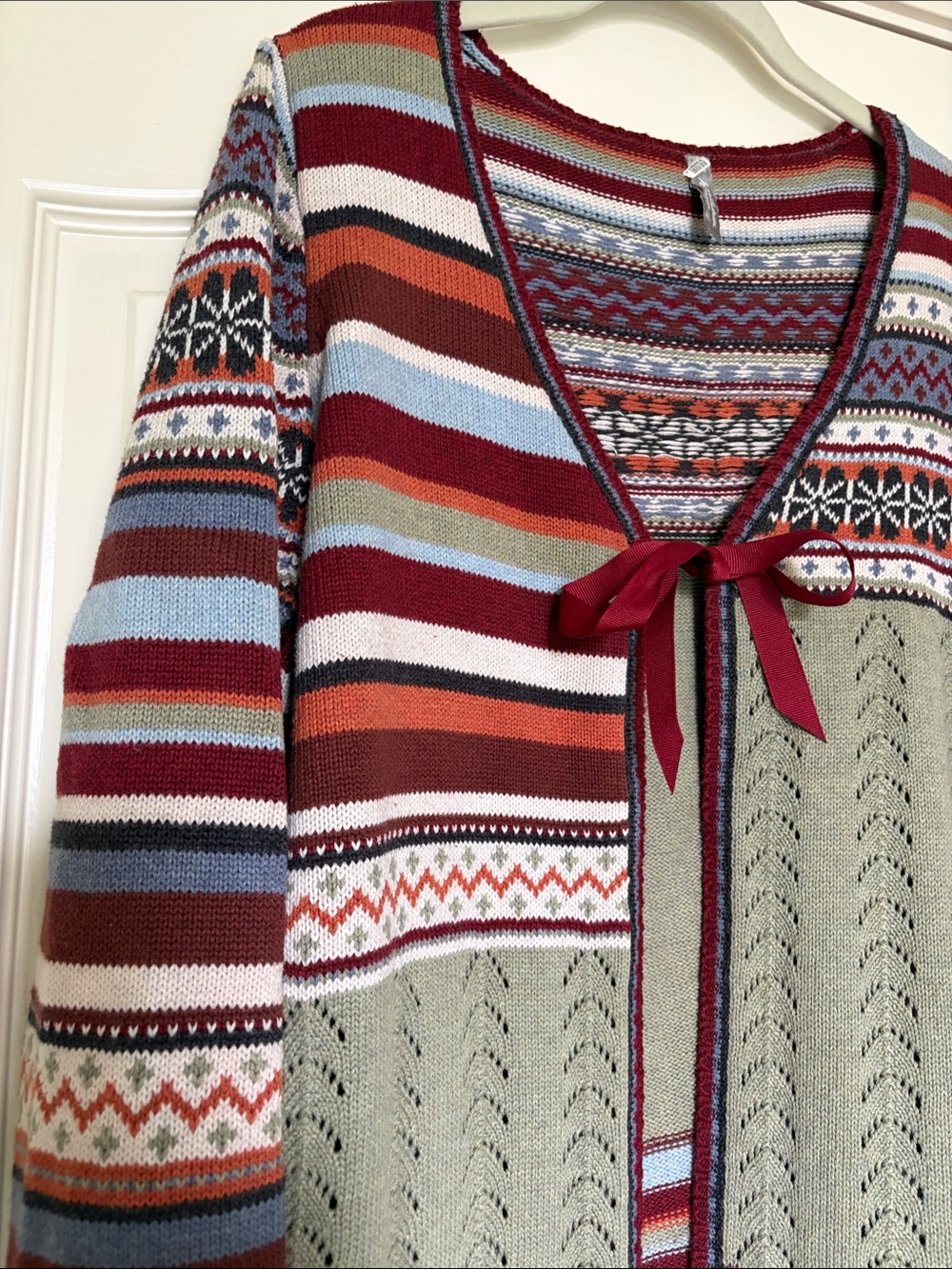 Hanna Andersson tie front cardigan ribbon woman’s sz L Fair Isle Tie M? - Picture 2 of 9